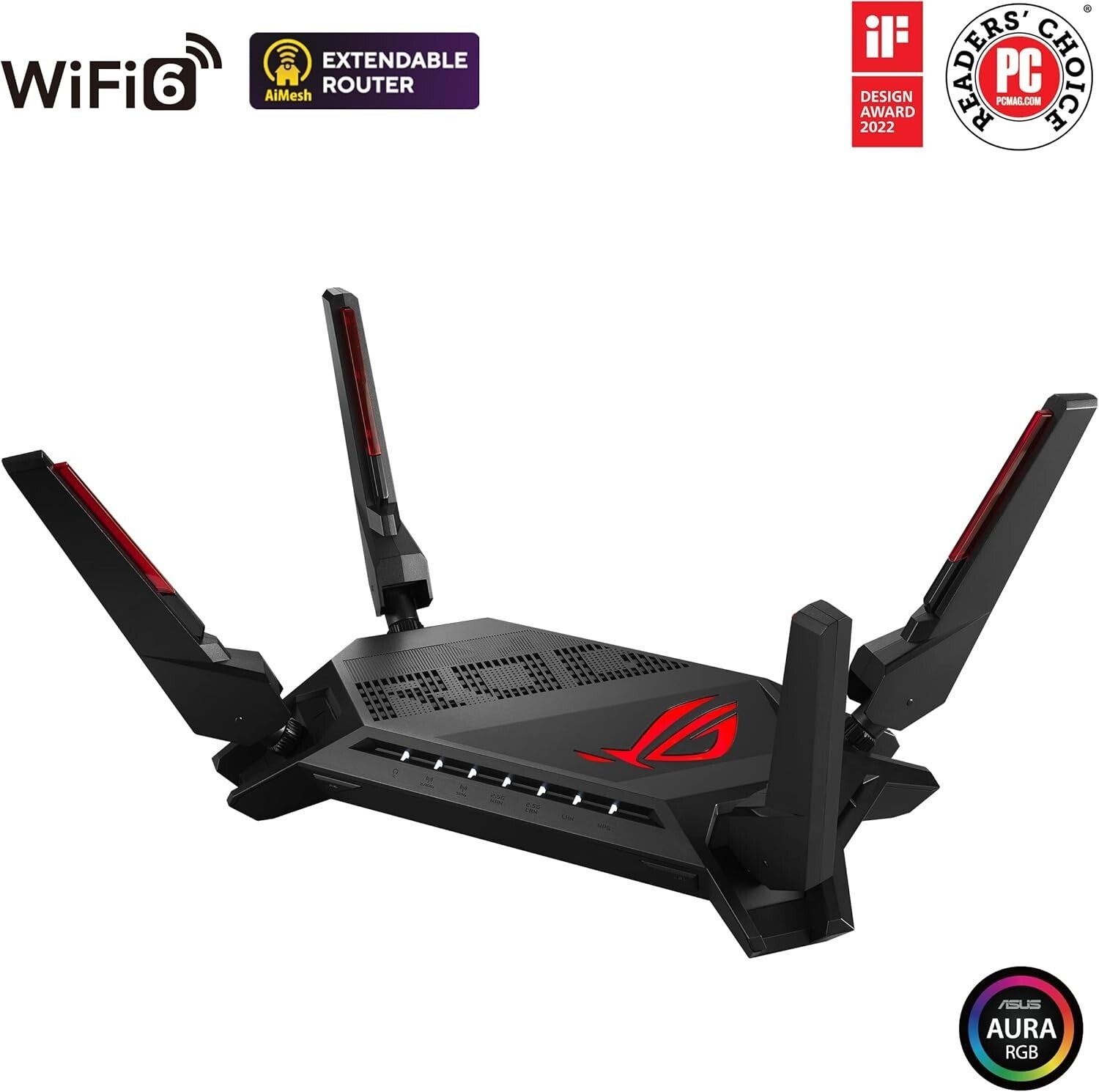Ultra-Fast 6000 Mbps ROG Rapture WiFi 6 Router with Aura RGB Lighting