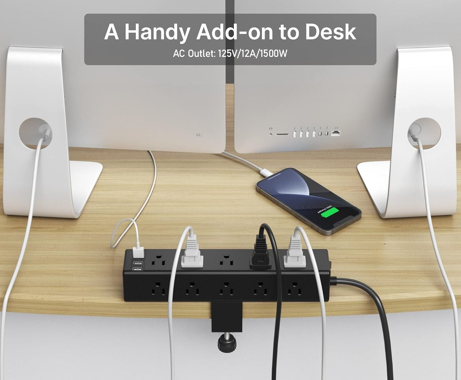 Surge-Protected Desk Clamp Power Strip with 15 Outlets - Ideal for Home Office