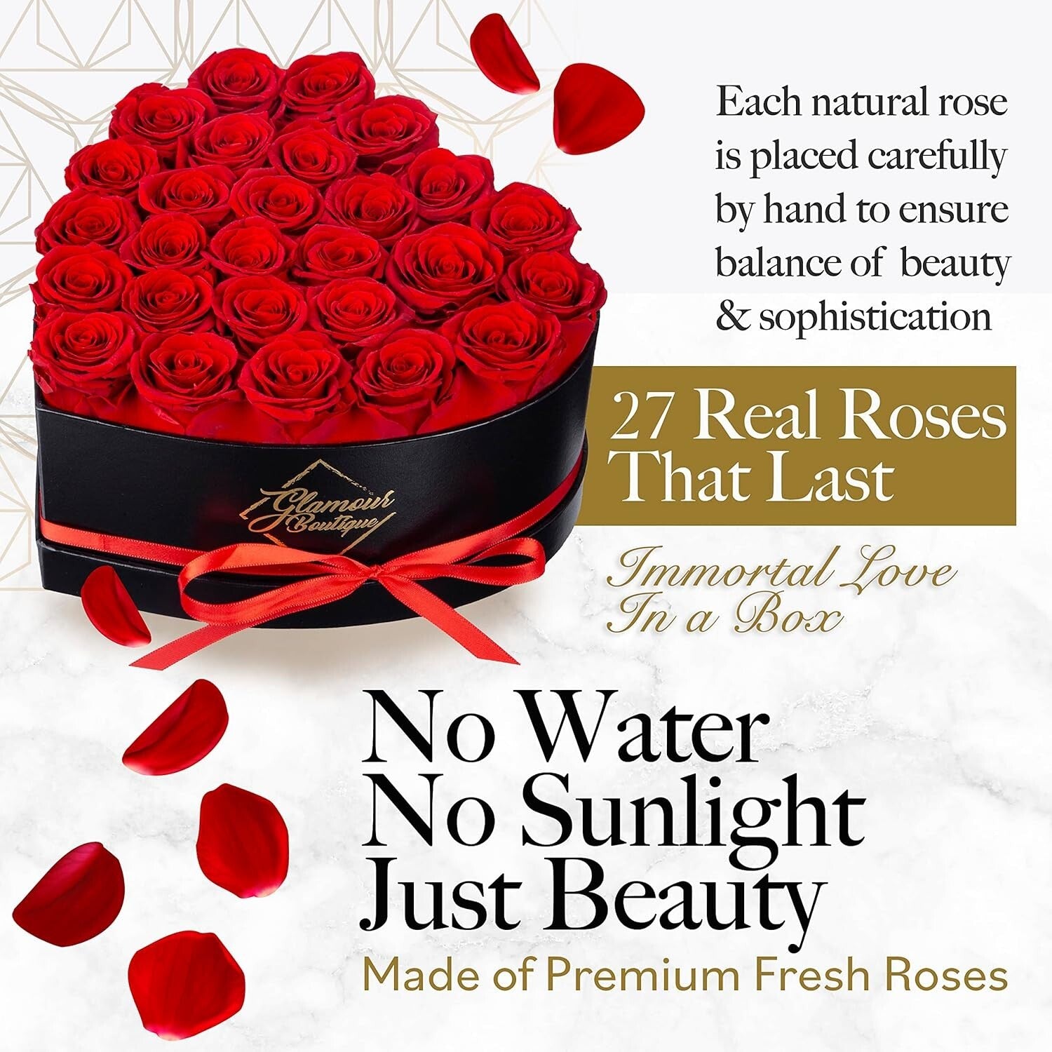 Forever Roses: 27 Elegant Preserved Flowers in Heart Shaped Box - No Upkeep!
