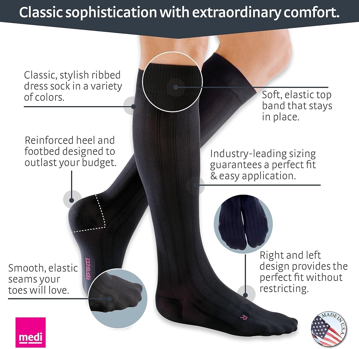 Timeless Black Calf High Compression Socks for Men - 15-20 mmHg Support