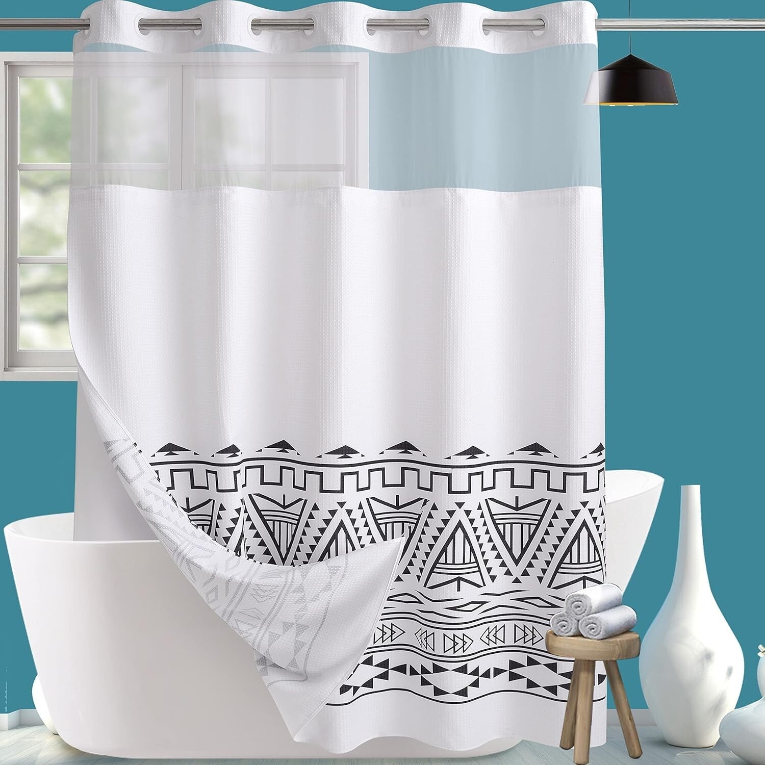 Boho Waffle Weave Shower Curtain with Snap-in Liner - Waterproof & Stylish 71x84