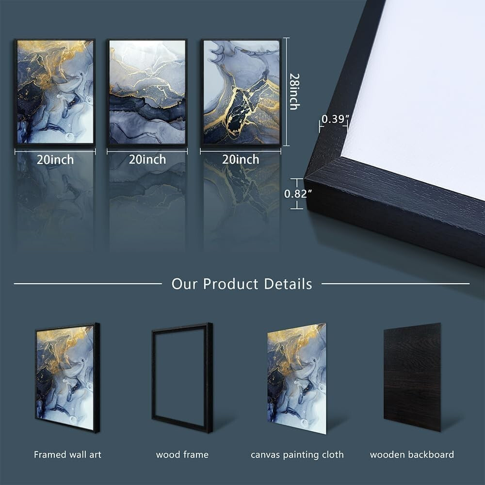 Eye-Catching 3 Panel Abstract Ink Painting – Black Framed Wall Art 20x28 in