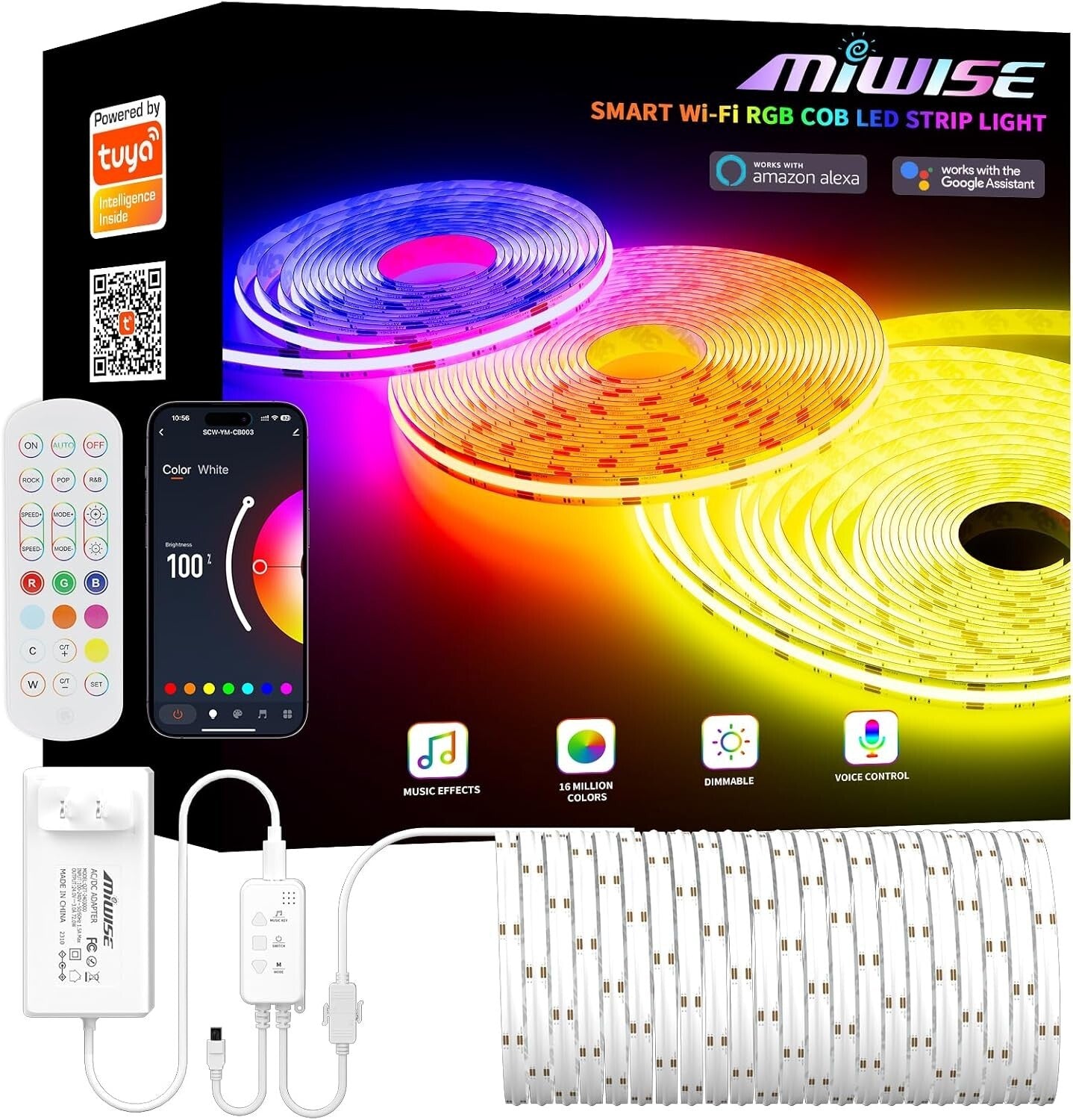 20ft RGB COB LED Strip Light - Voice Controlled, Dimmable, Smart Home Compatible
