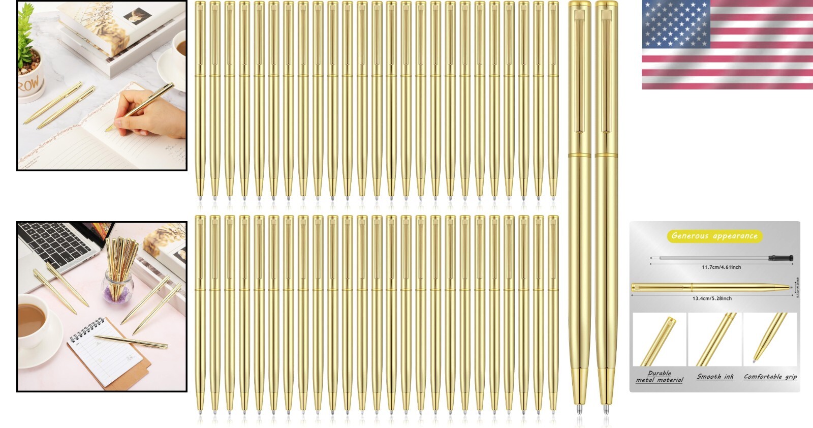 Durable Gold Metal Retractable Pens - Fine Ink 1mm - Ideal for Weddings & Events