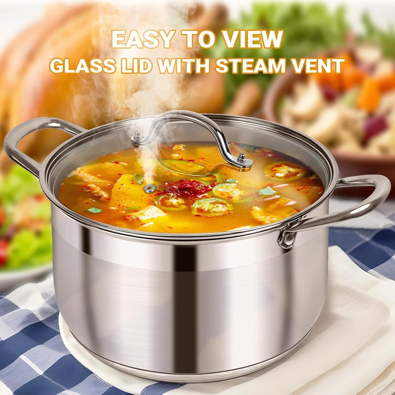 12 Quart Stainless Steel Stock Pot with Glass Lid - Heavy Duty & Nonstick