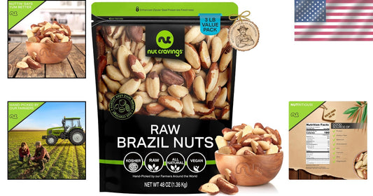 Freshly Handpicked Raw Brazil Nuts - Unsalted, Whole in 48oz Eco-Friendly Bag