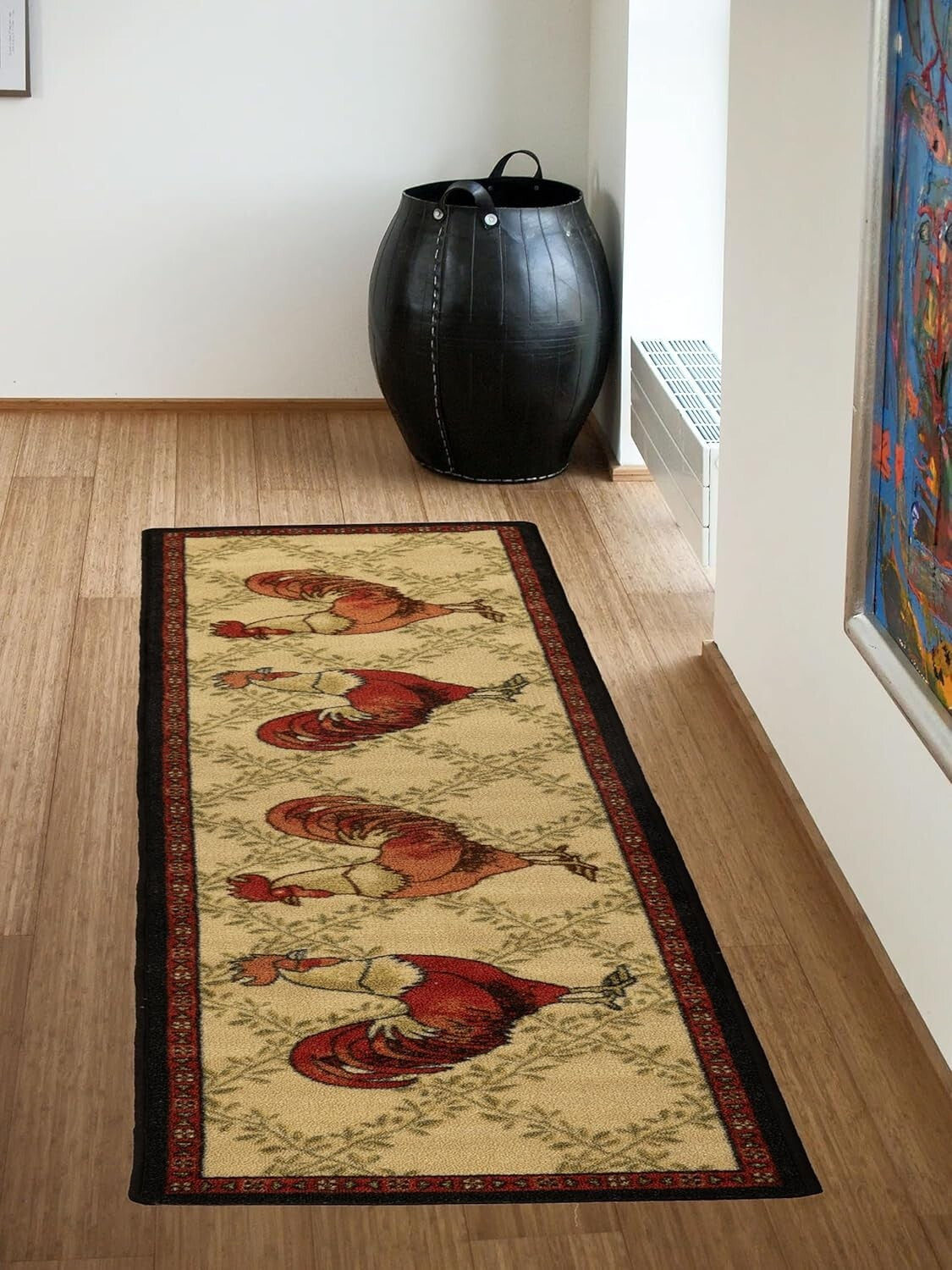 French Country Rooster Motif Kitchen Runner Rug - 23" x 7' Slip Resistant Style