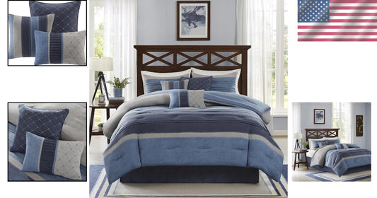 Cozy 7-Piece Queen Comforter Set - Modern Geometric Design in Collins Blue/Grey