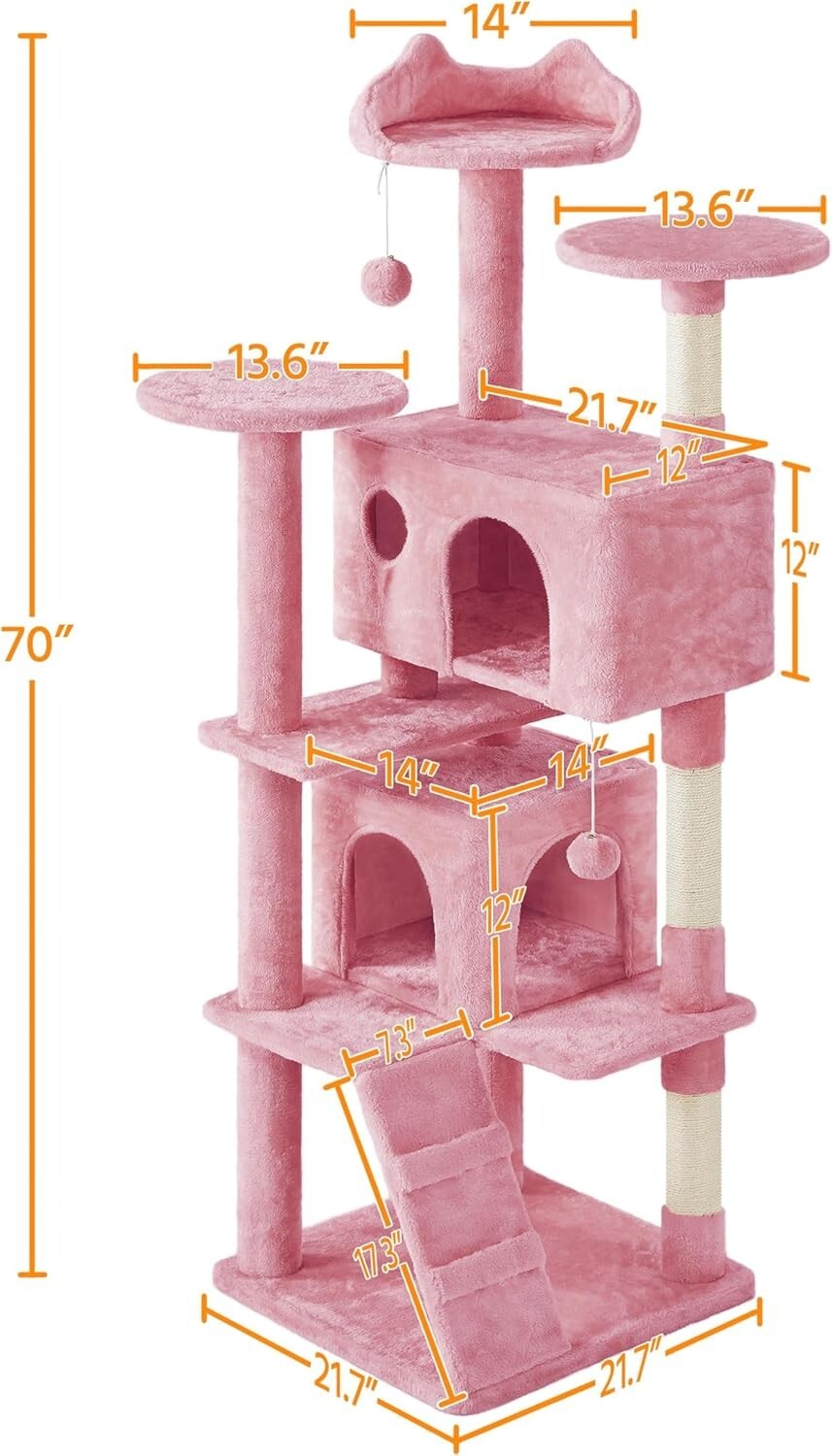 Stylish Multi-Level Cat Tree with Condos and Scratching Posts - 70in Pink