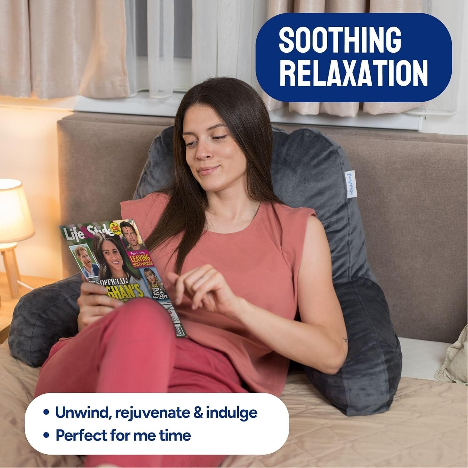 Breathable Backrest Pillow for Bed with Pockets - Perfect for Reading & Resting