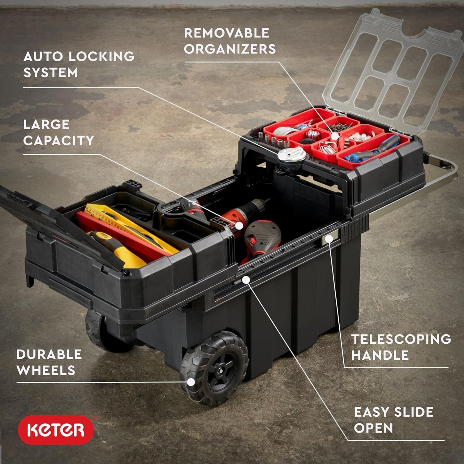 Portable Tool Storage Box on Wheels with Central Locking - Ideal for Contractors
