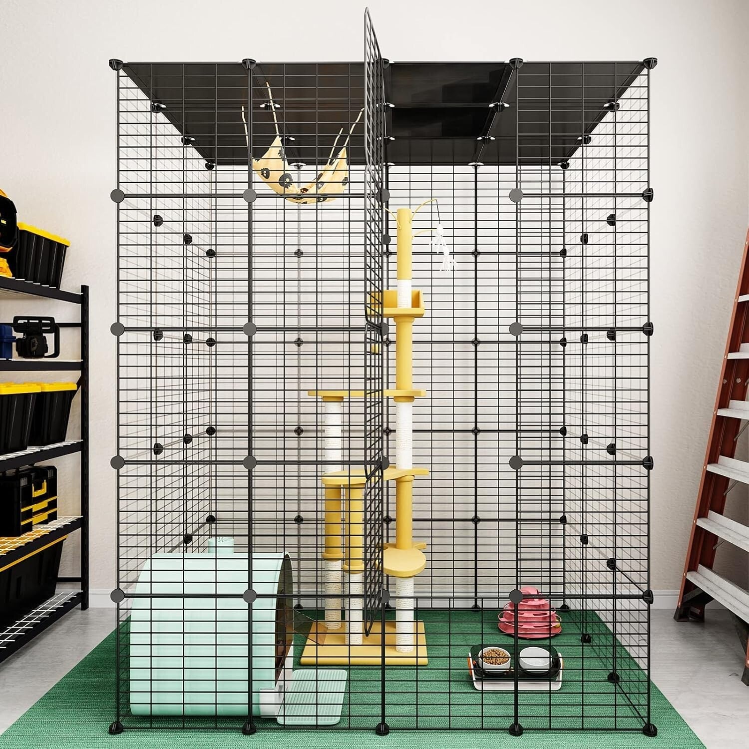 Modern Black Metal Cat Cage with Scratching Posts - Ideal for Indoor Leisure