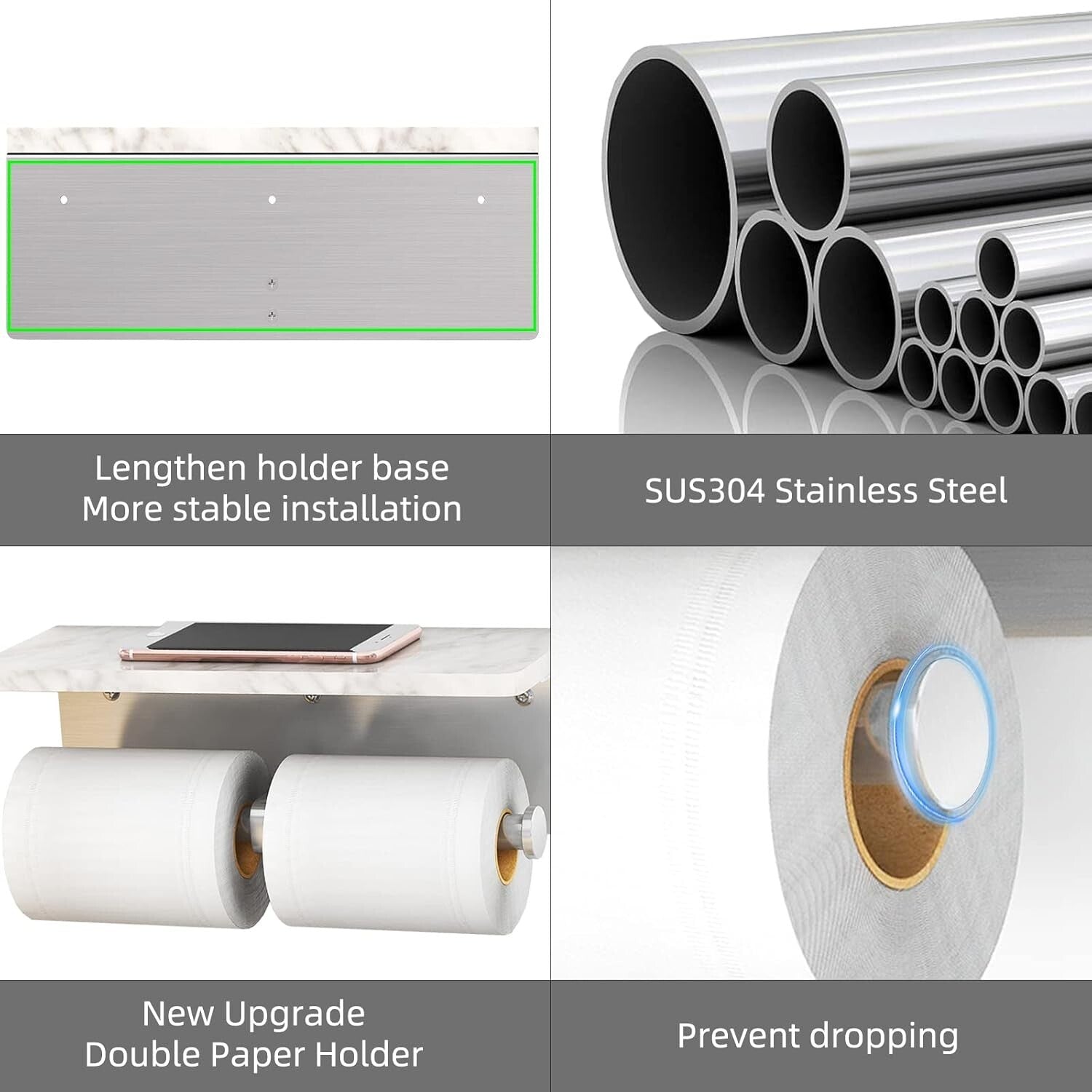 Brushed Nickel Double Toilet Paper Holder with Elegant Marble Shelf - Modern ...