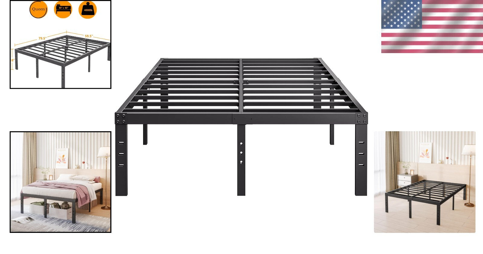 Elegant Black Metal 18-Inch Queen Bed Frame with Complete Storage Solution
