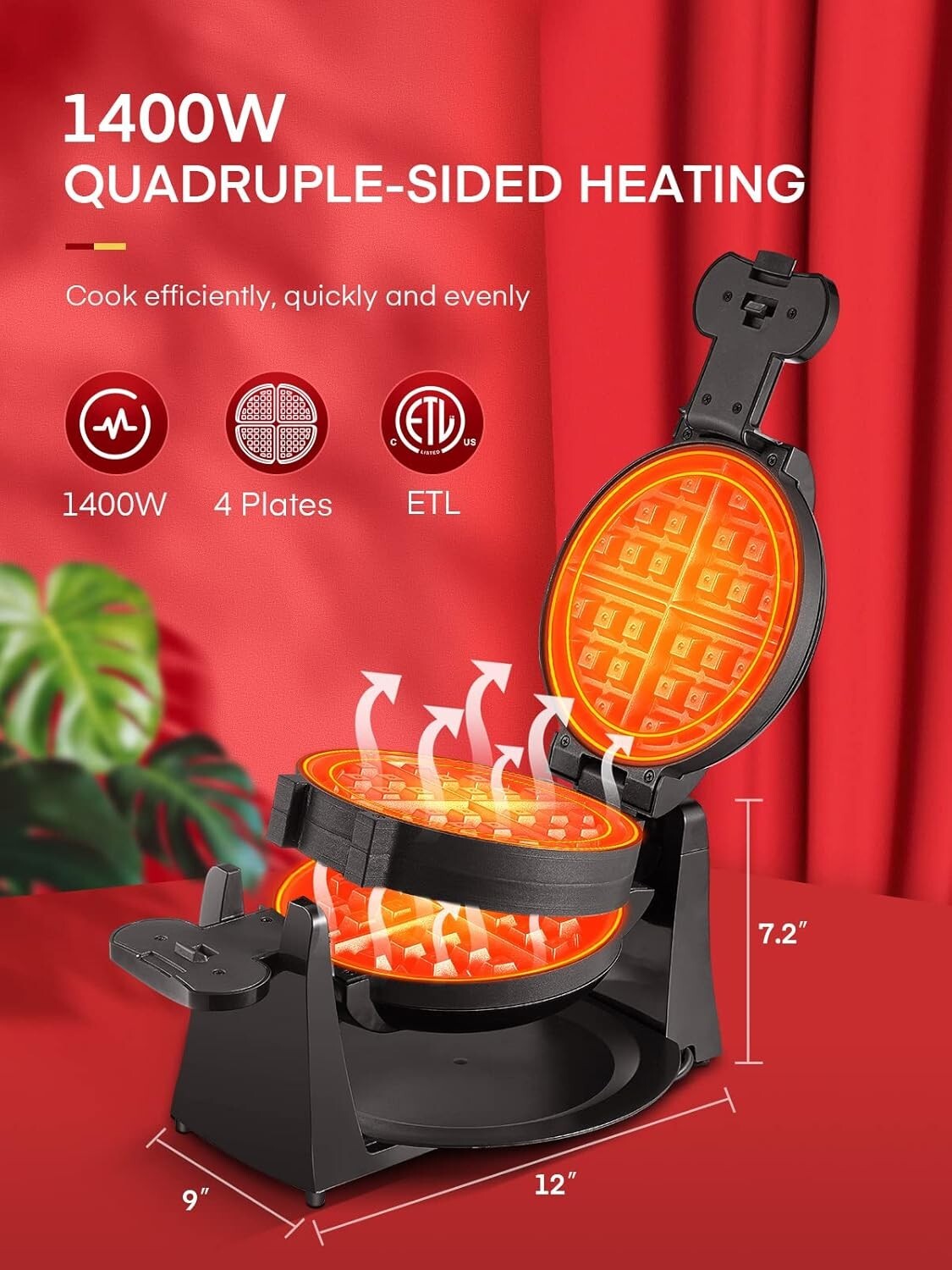 Double-Sided 180° Flip Waffle Maker - Nonstick Plates & Removable Drip Tray