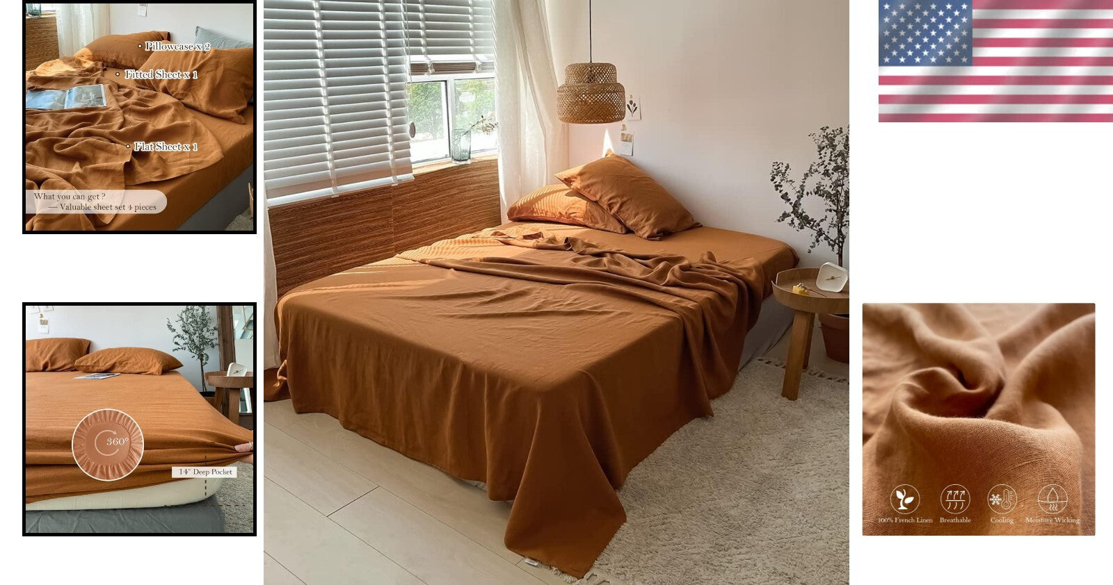 Elegant 4-Piece Rust Linen Bedding Set - King Size Pre-Washed Farmhouse Style