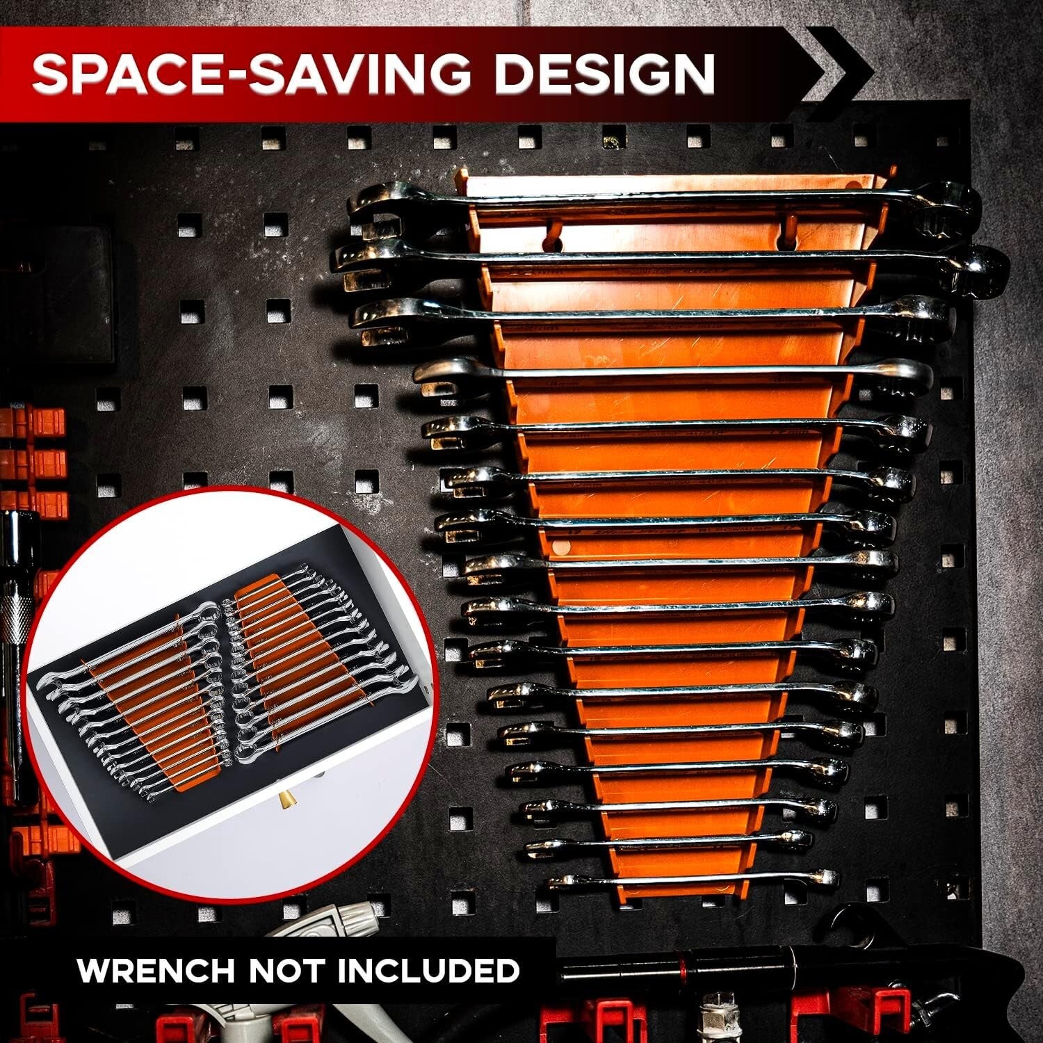 Compact Metal Wrench Organizer for Wall or Drawer - 104 Slots, 8 Orange Racks