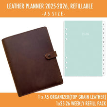 Load image into Gallery viewer, Premium Leather A5 Planner 2025-2026 - Refillable with Card Holder &amp; Pockets