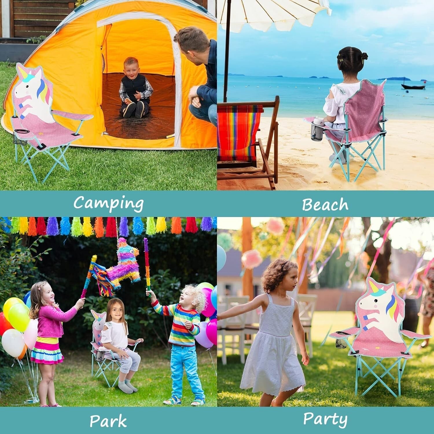Durable Kids Outdoor Camping Chair with Cup Holder & Carrying Bag - Unicorn