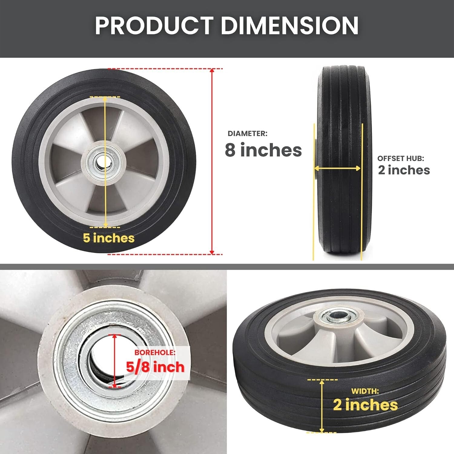 4-Pack Solid Rubber Tires 8" x 2" - Reliable, Heavy-Duty Replacement for Your...