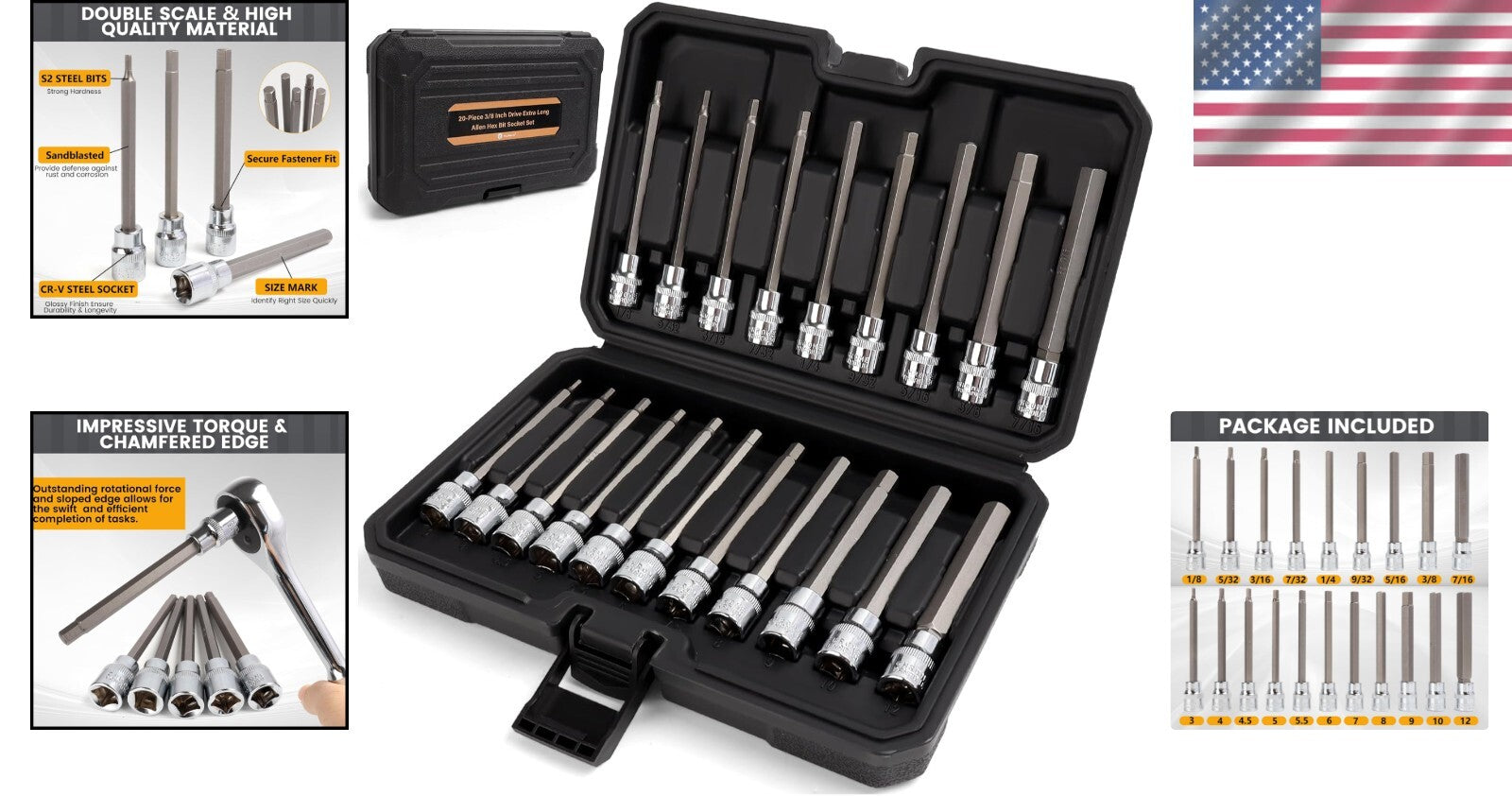 20PC Extra Long Allen Hex Socket Set - Chrome Vanadium Steel with Case