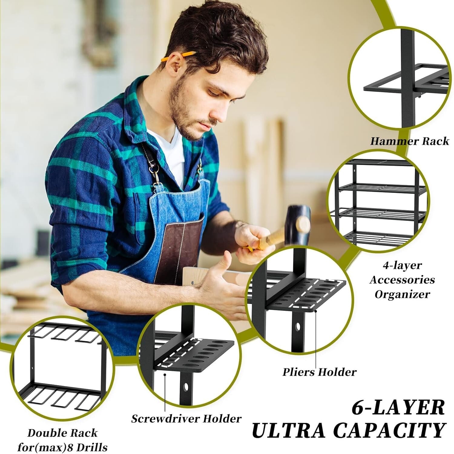 8 Drill Holder Garage Tool Rack - 6-Layer Carbon Steel Storage Shelf for Tools