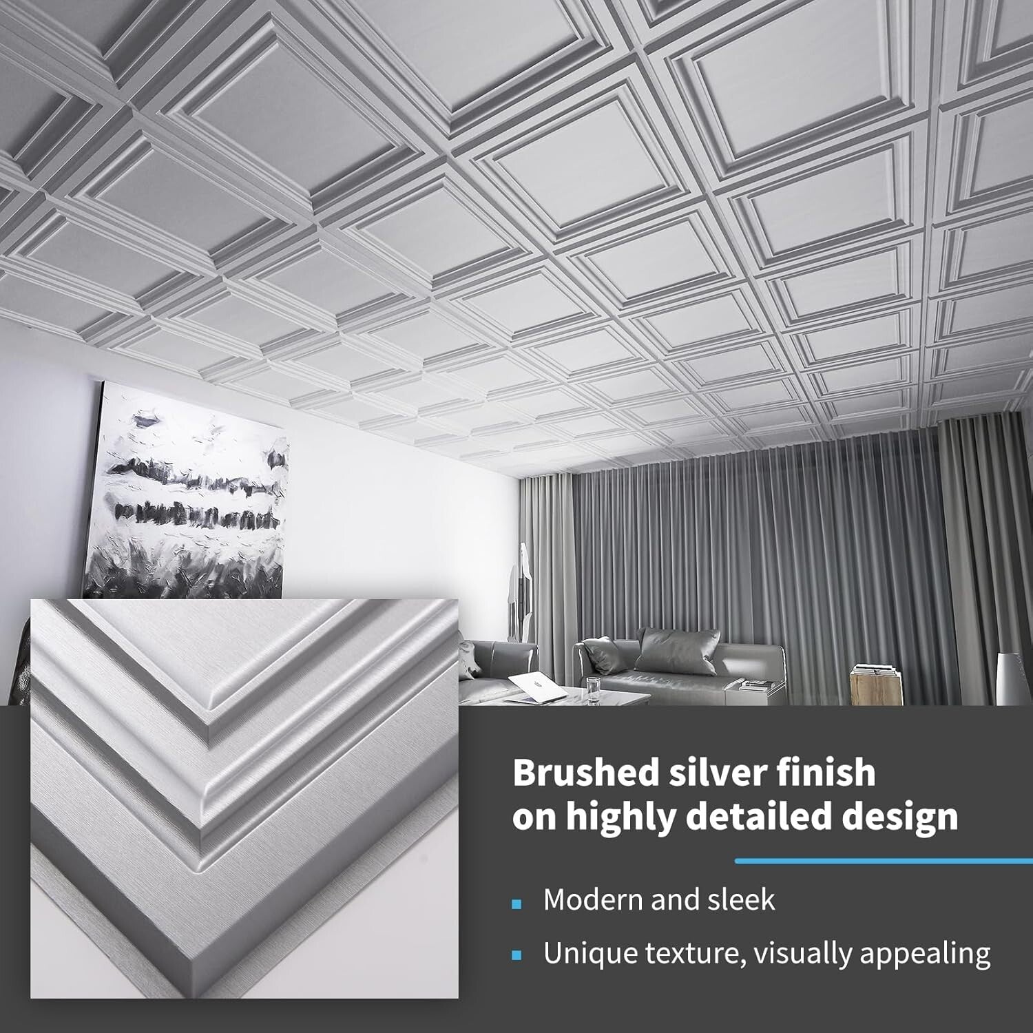 12-Pack 2'x2' PVC Ceiling Tiles in Argent Silver - Durable & Stylish Upgrade