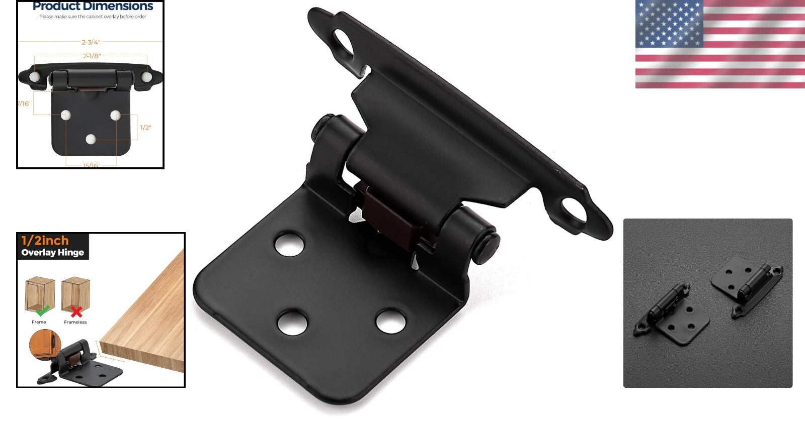 Durable 60 Pack of 1/2" Overlay Black Cabinet Hinges with Quiet Closing Bumpers