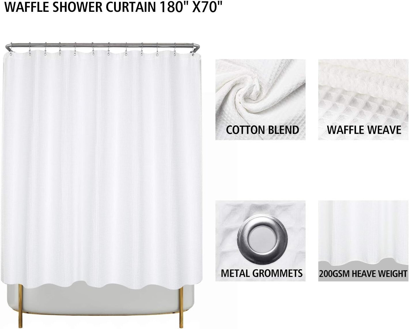 Elegant 180 x 70 Cotton Waffle Shower Curtain with PEVA Liner and Hooks - White