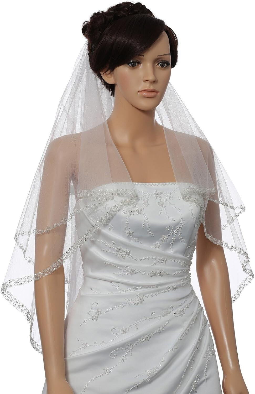 Luxurious 2T Dual Edge Embroidered Veil with Silver Thread Trim - Bridal Beauty
