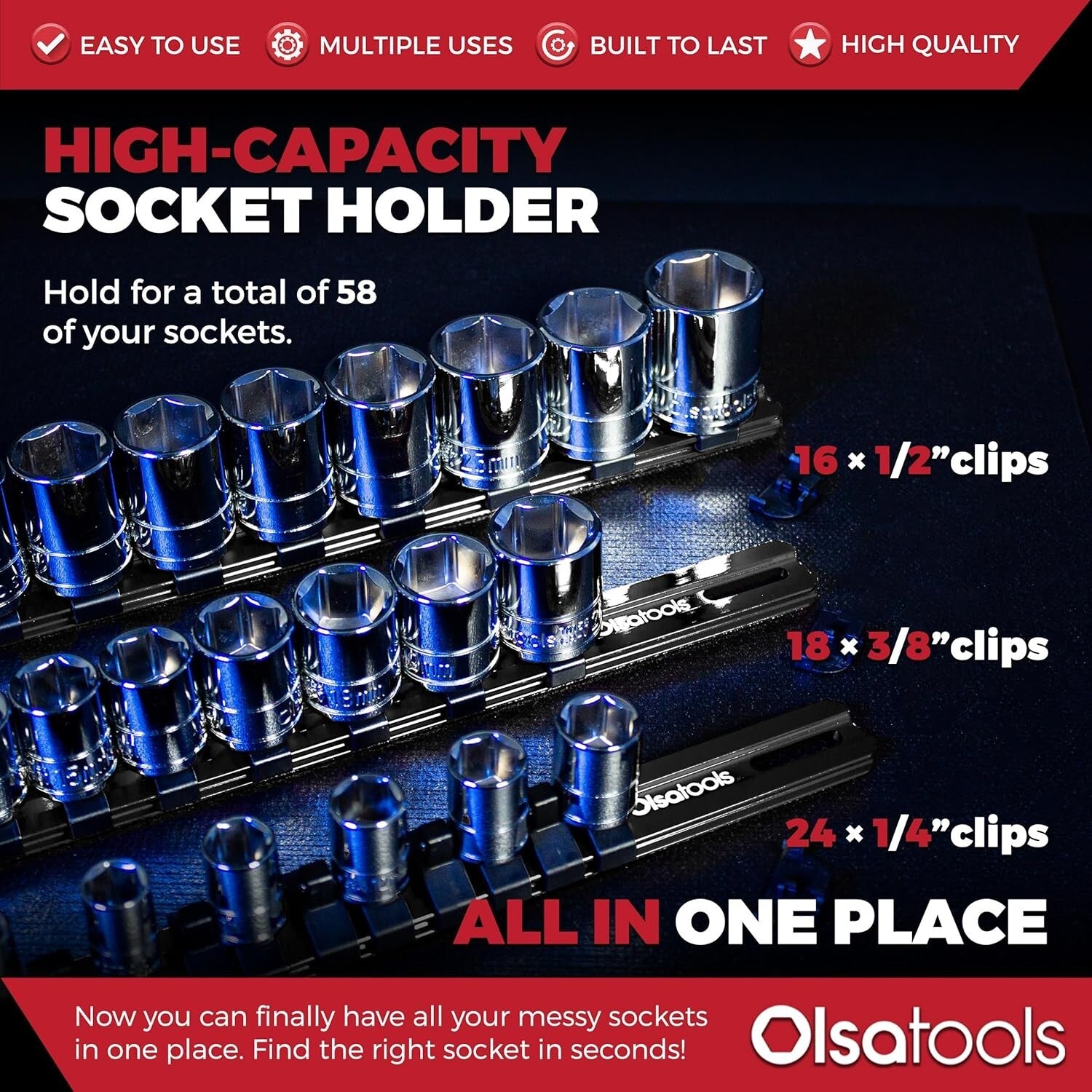 3-Pc Heavy-Duty Socket Organizer with Spring Clips - 1/4, 3/8 & 1/2 Inch
