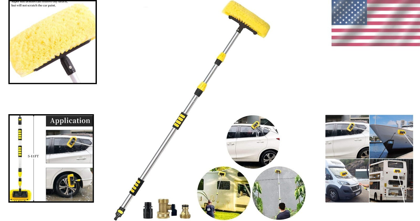Aluminum Telescopic Car Wash Brush with Soft Bristles & Hose Connector - 5-12 Ft