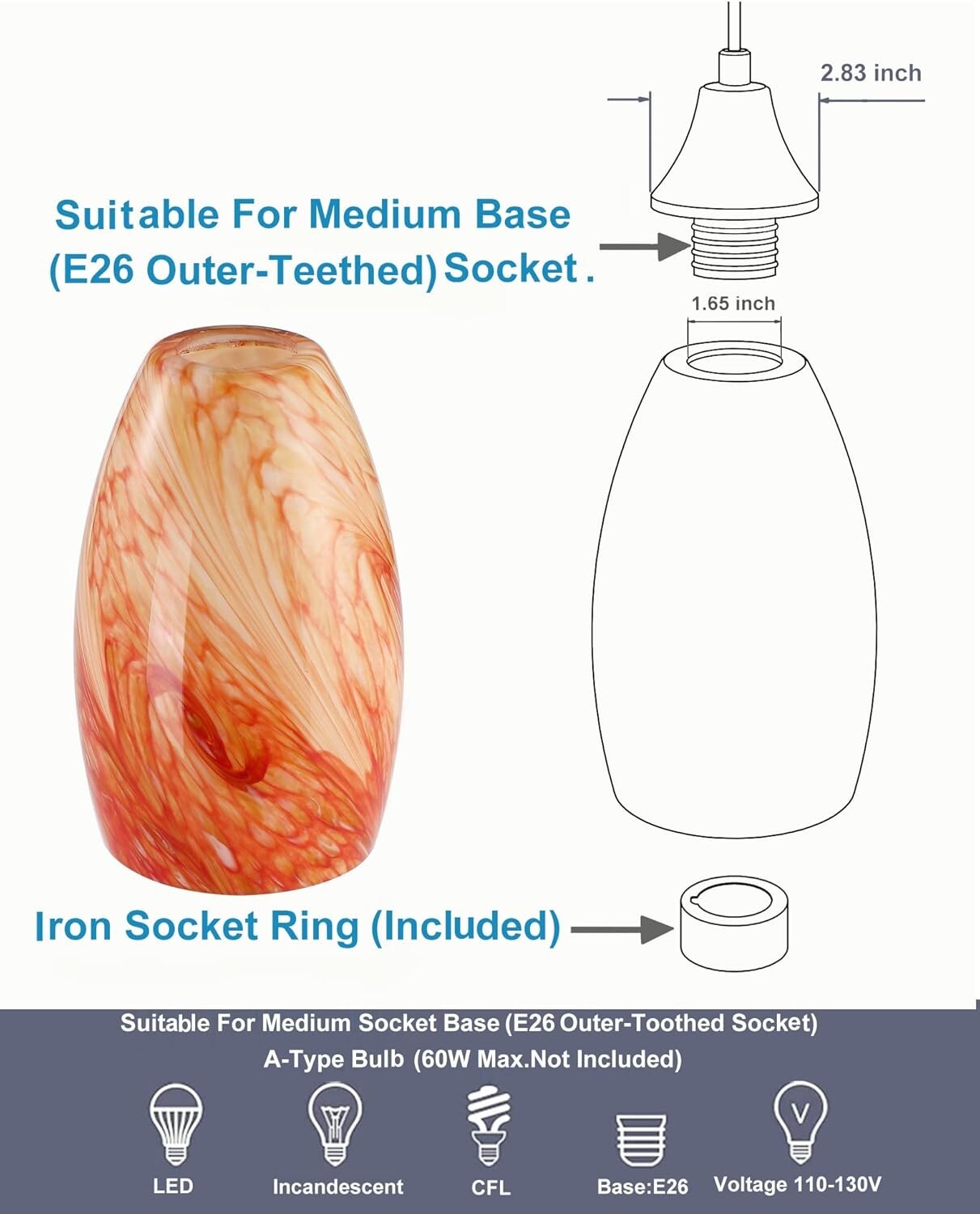 Artistic Hand-Blown Amber Red Lamp Shade - Flush Mount, 7.5''x4.7'' Perfect Fit