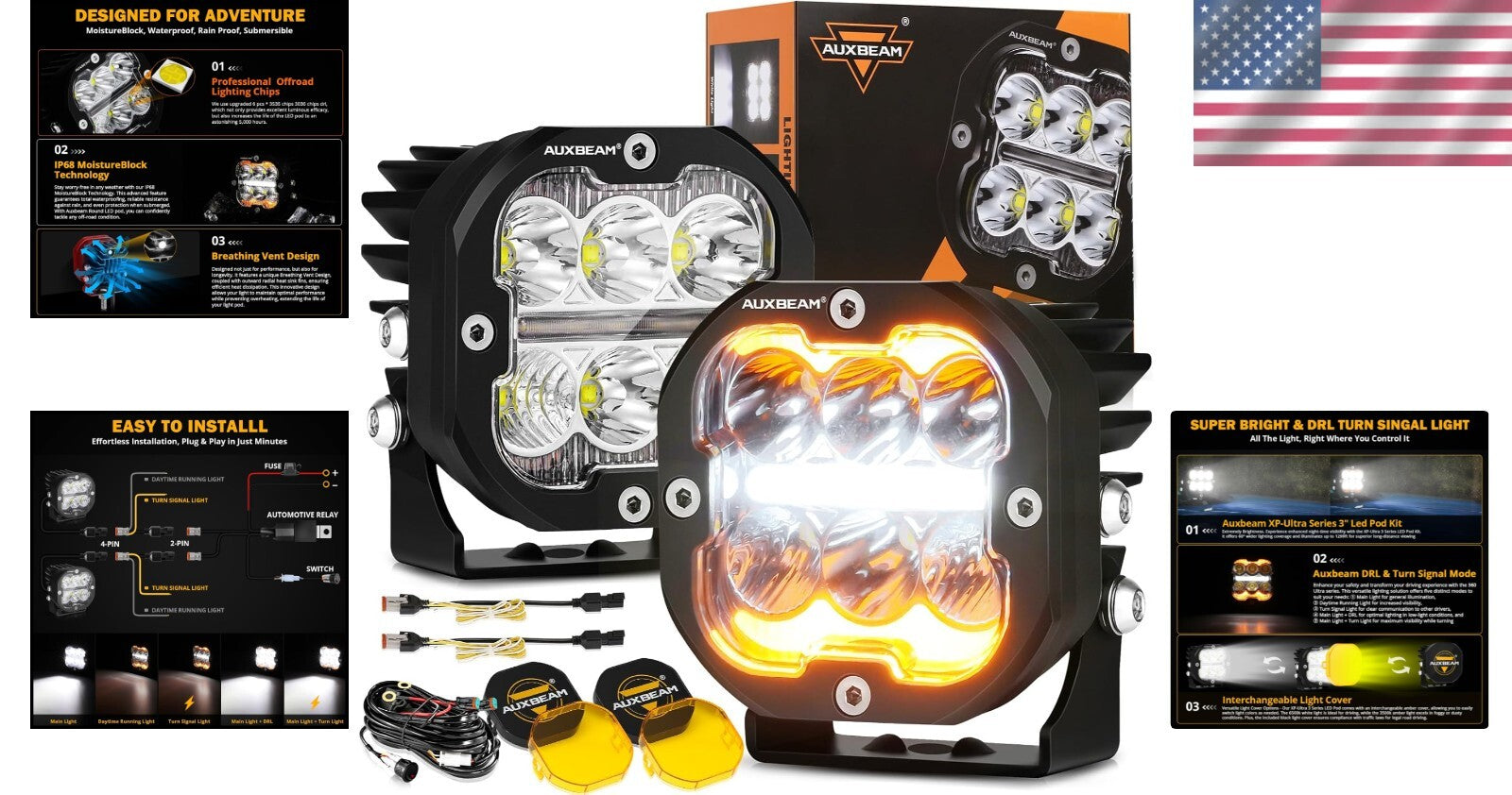3 Inch 84W LED Pods with Amber Fog Light & Turn Signal - 9600LM Spot Flood Combo