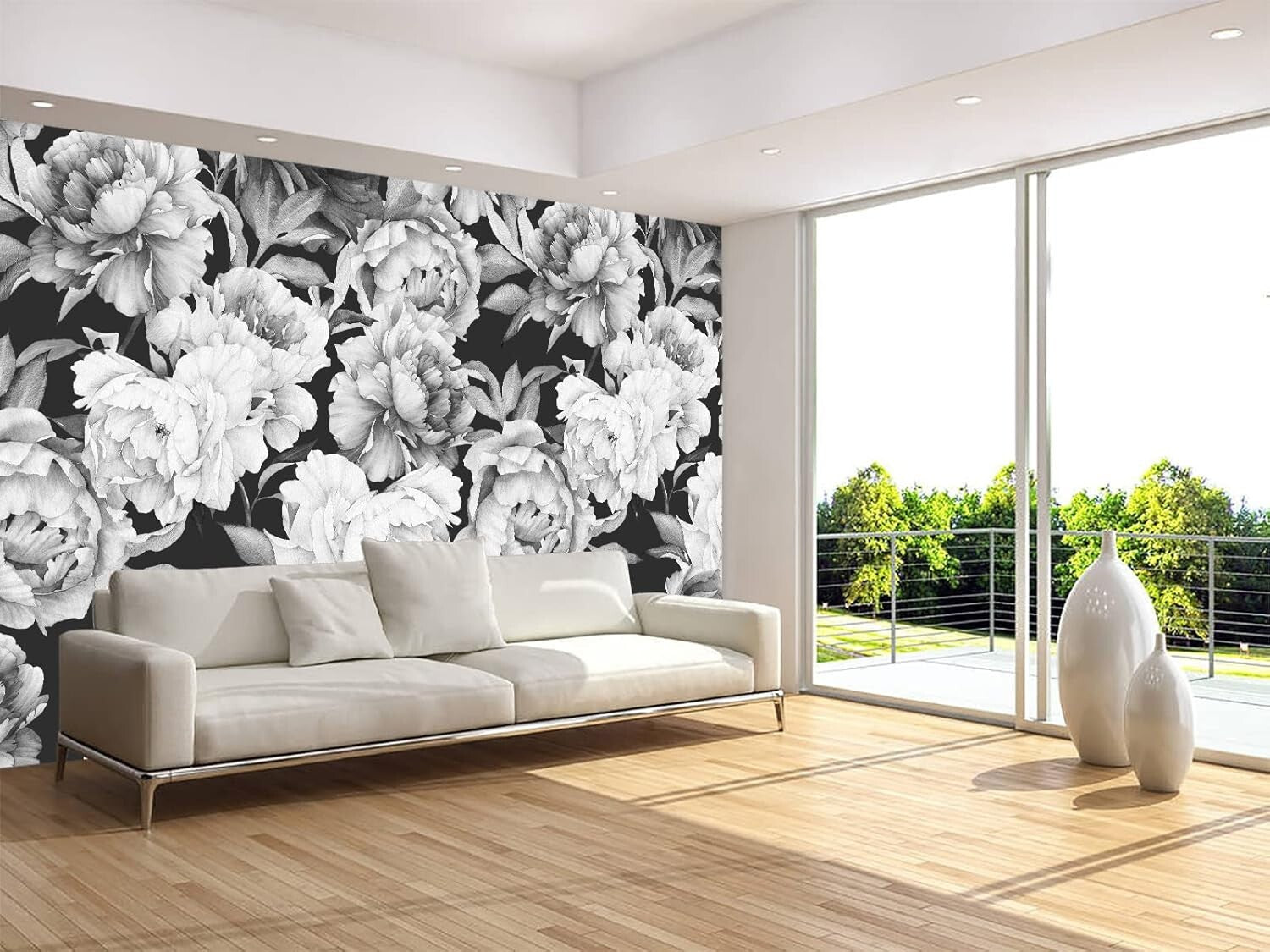 Watercolor Peonies Wallpaper Mural in Elegant Design - 7 Easy-Install Strips