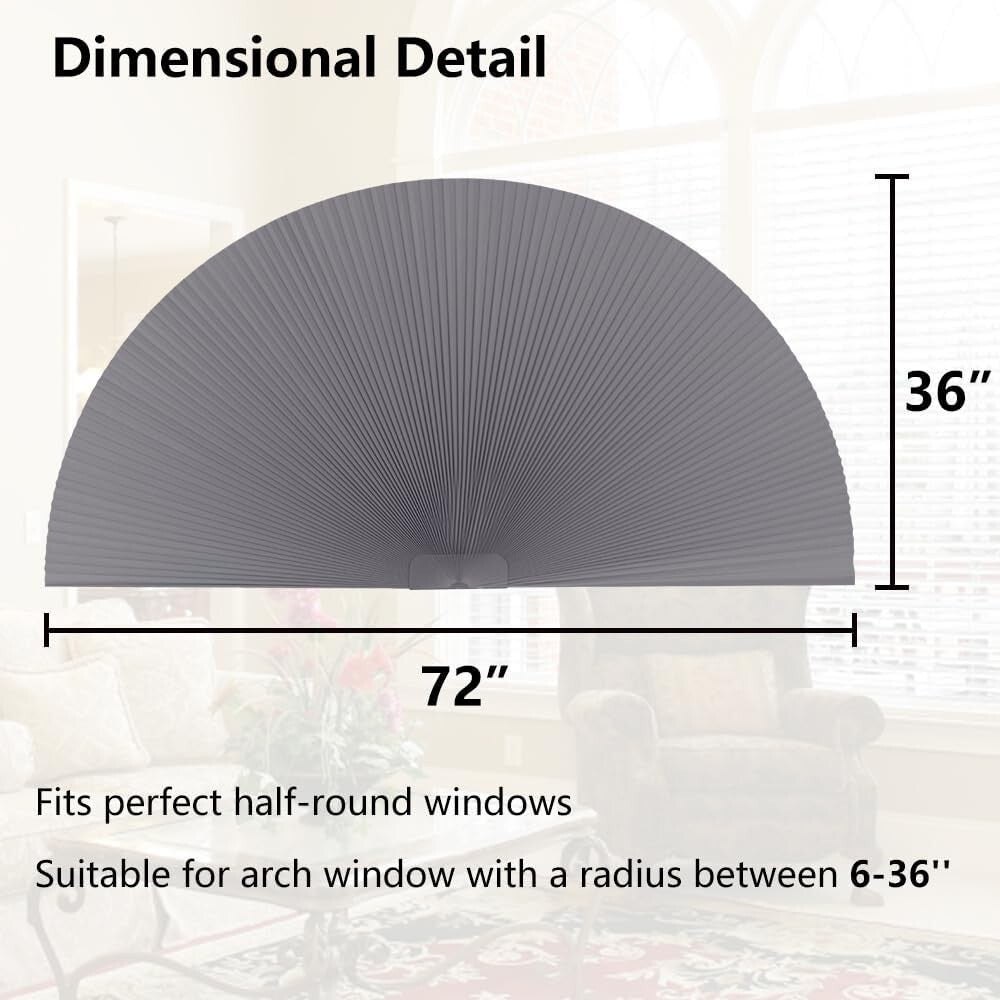 Customizable Dark Gray Blackout Shades for Arch Windows, 36" Radius, Cordless