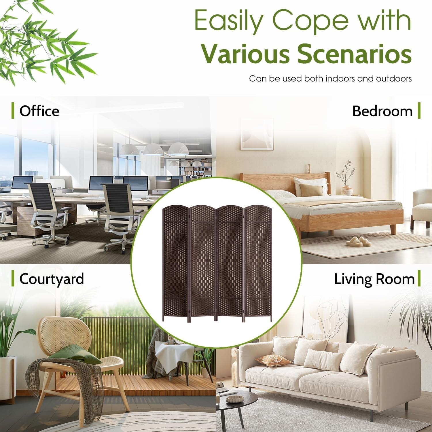 Modern 70.9" Folding Room Divider - Solid Brown Indoor Partition Screen