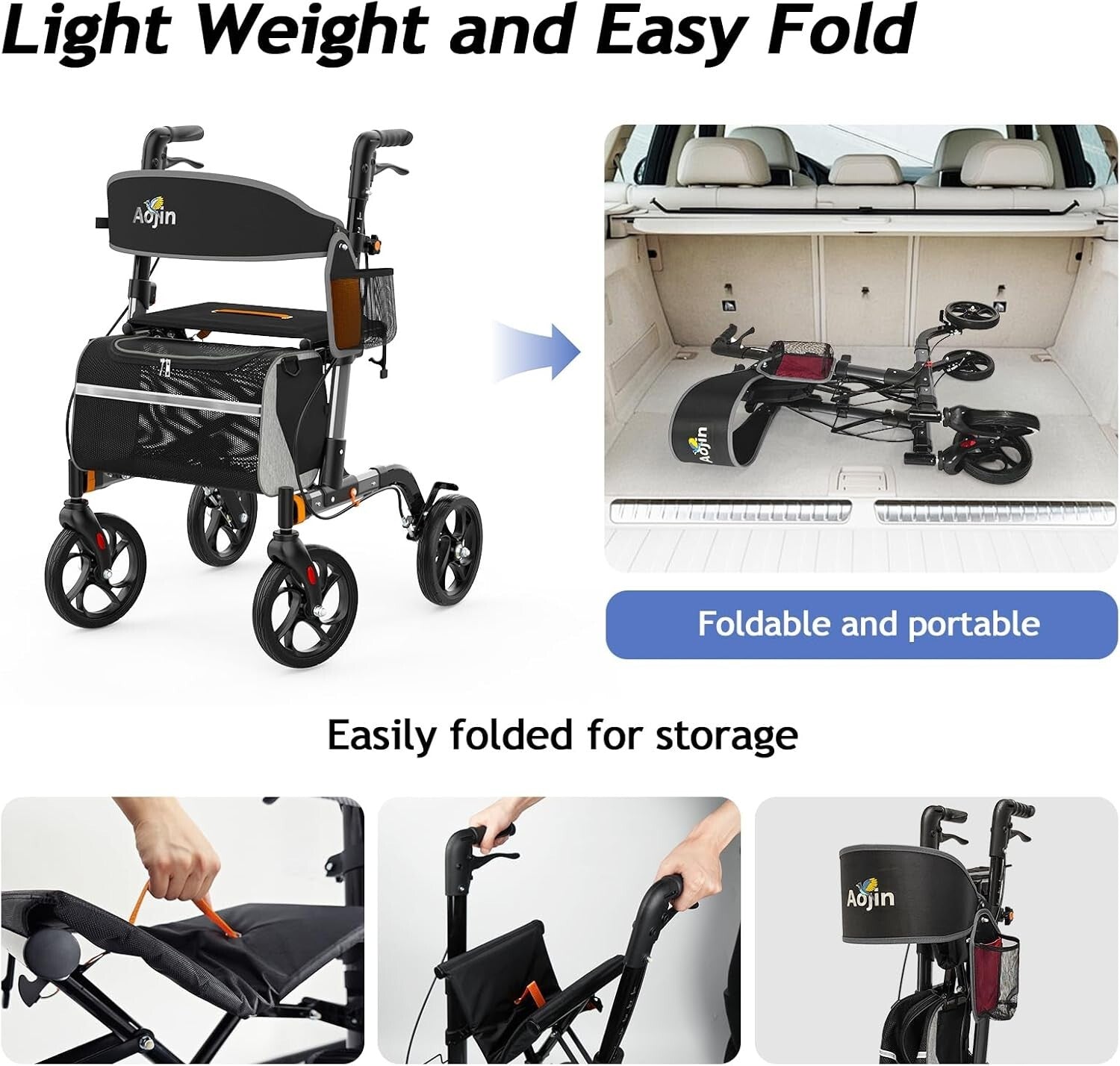 8-Inch Wheel Rollator Walker – Lightweight, Foldable with Travel Bag for Seniors