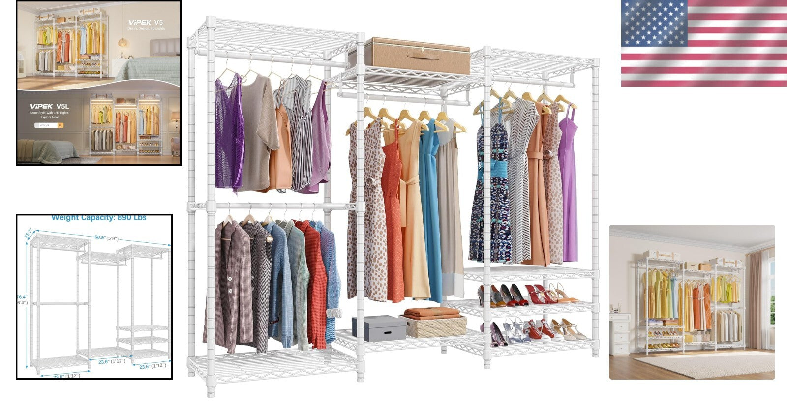 Freestanding White Closet Wardrobe Rack - Supports 890 lbs, 8 Shelves Included