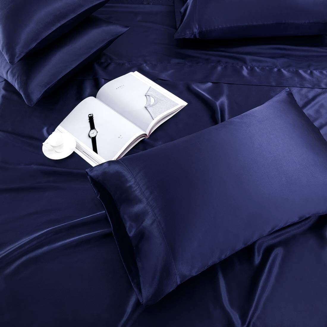 6-Piece Navy Blue King Size Satin Sheet Set - Deep Pocket & Luxurious Comfort
