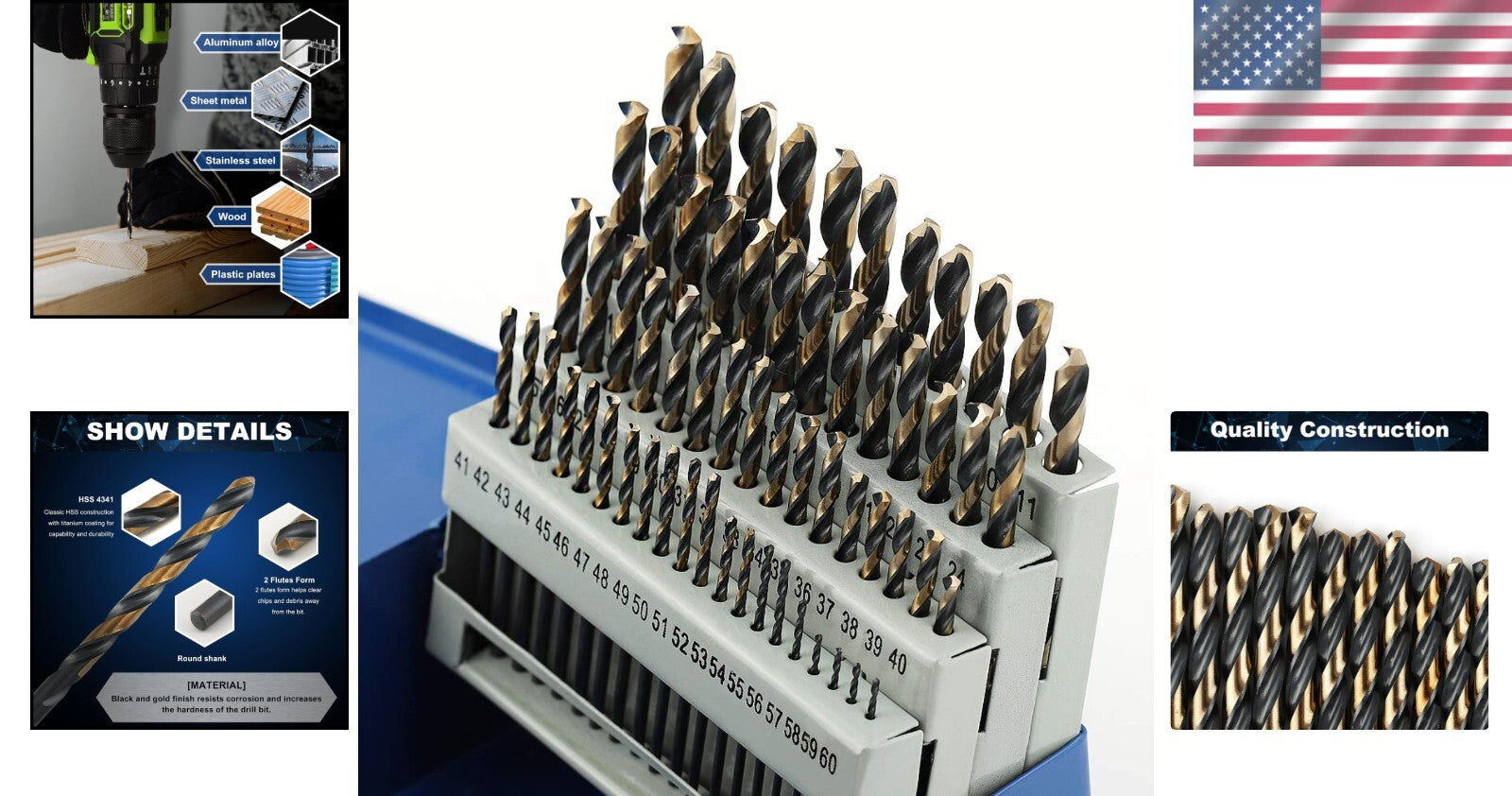 60-Piece High-Speed Steel Drill Bit Set with Black & Gold Finish - Jobber Length