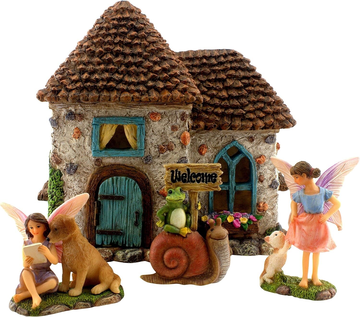 Fairy Garden House Kit – 6.5" Opening Door House with Accessories & Figurines