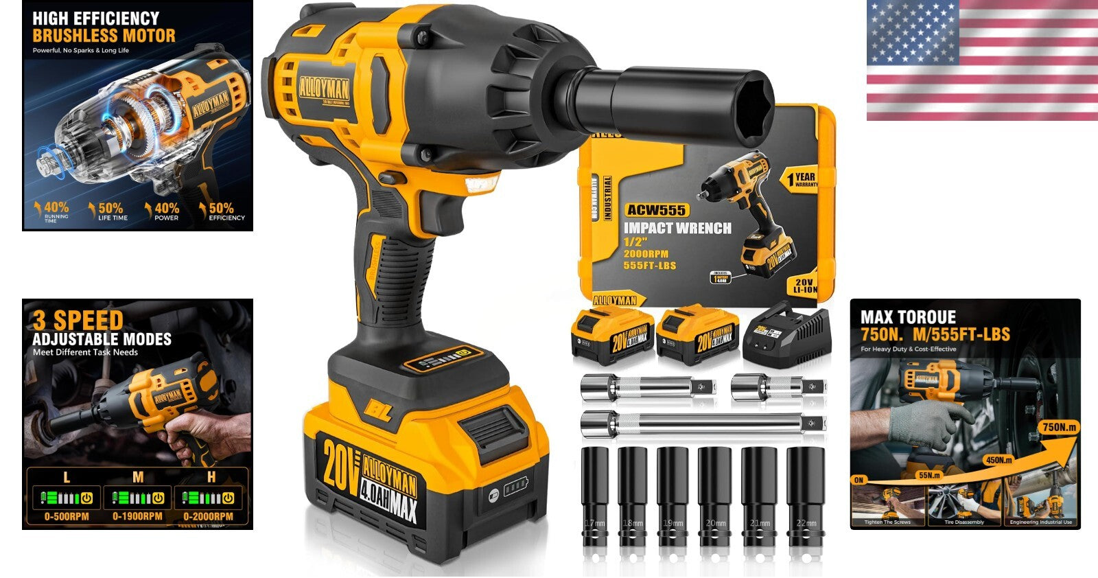 Efficient Cordless Impact Wrench 750 N.m Torque - Complete Tool Package