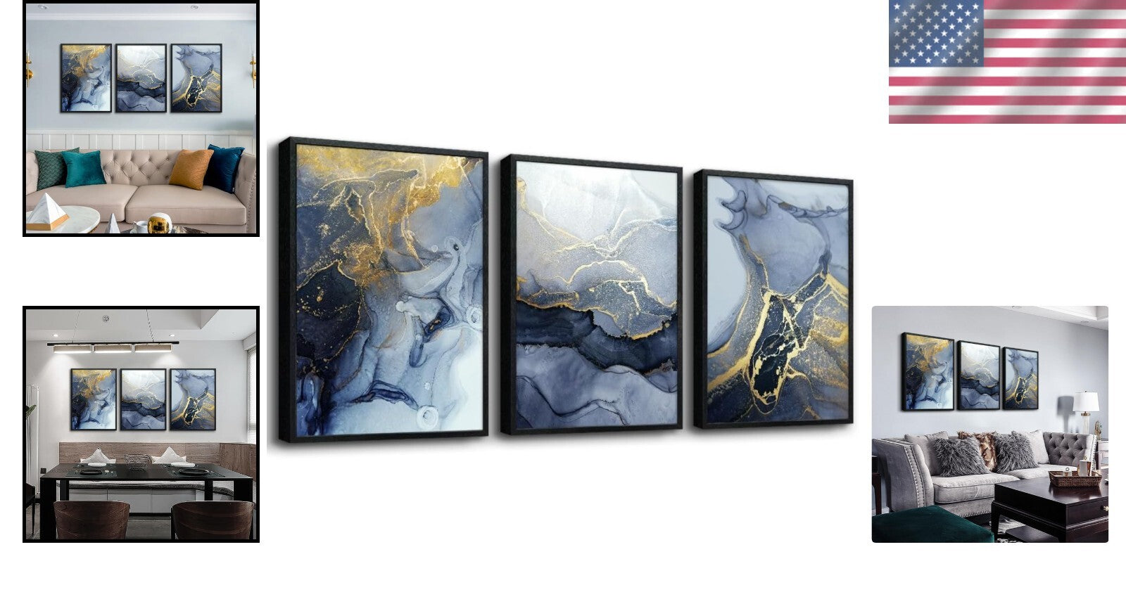 Eye-Catching 3 Panel Abstract Ink Painting – Black Framed Wall Art 20x28 in