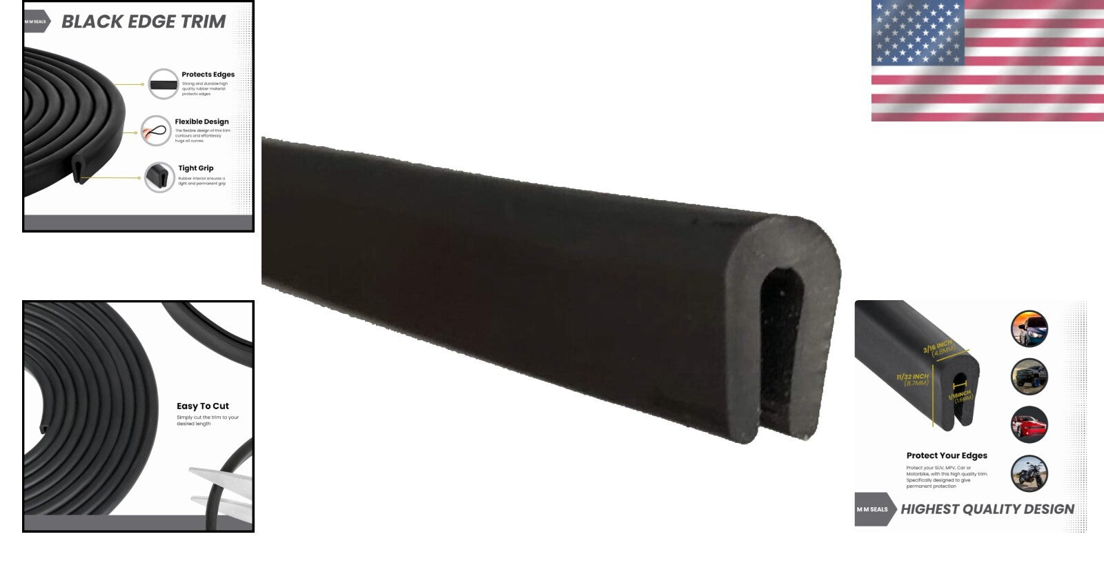 Easy Installation Black U Channel Trim Seal Rubber 320 Feet, 11/32" x 3/16"