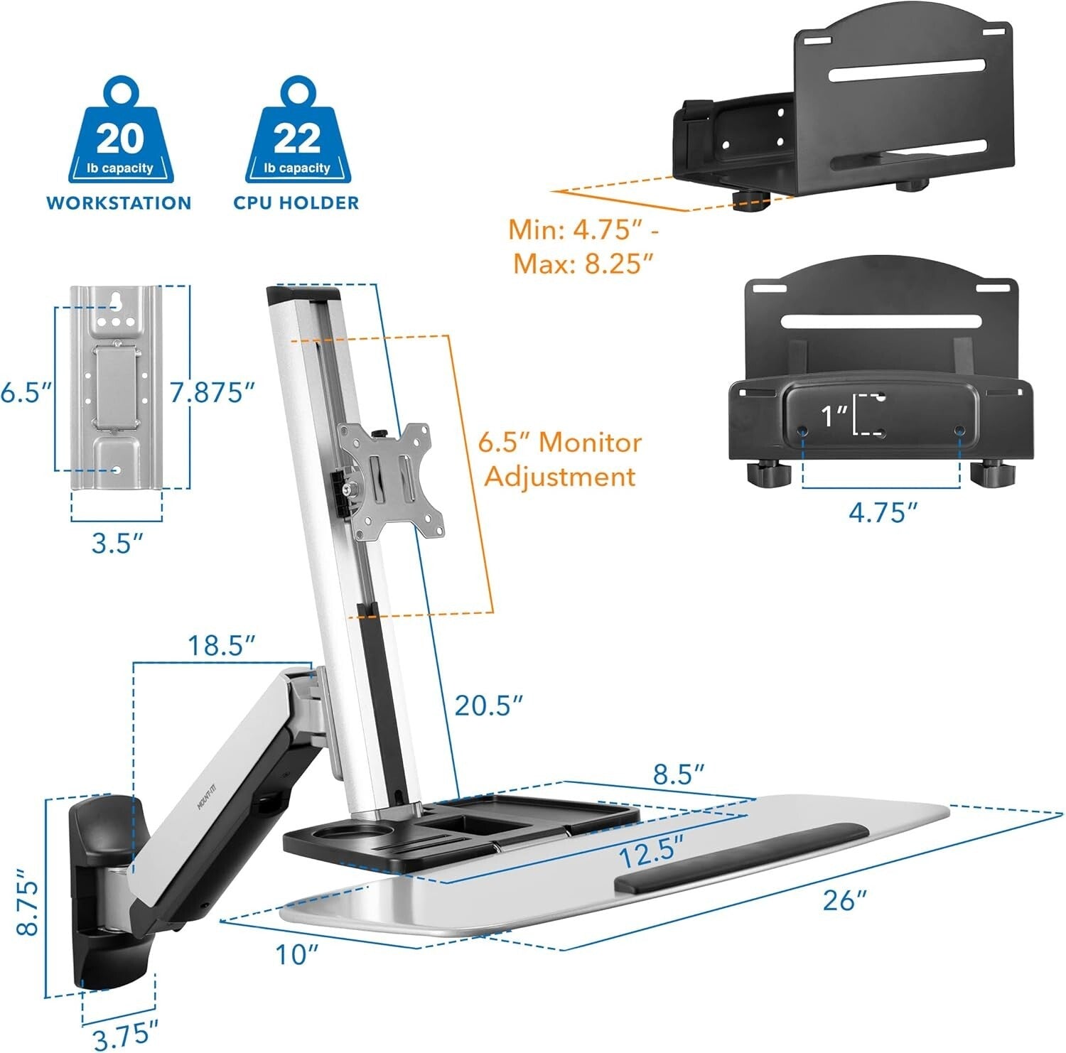 Adjustable Wall-Mounted Workstation with Articulating Monitor Arm & CPU Holder