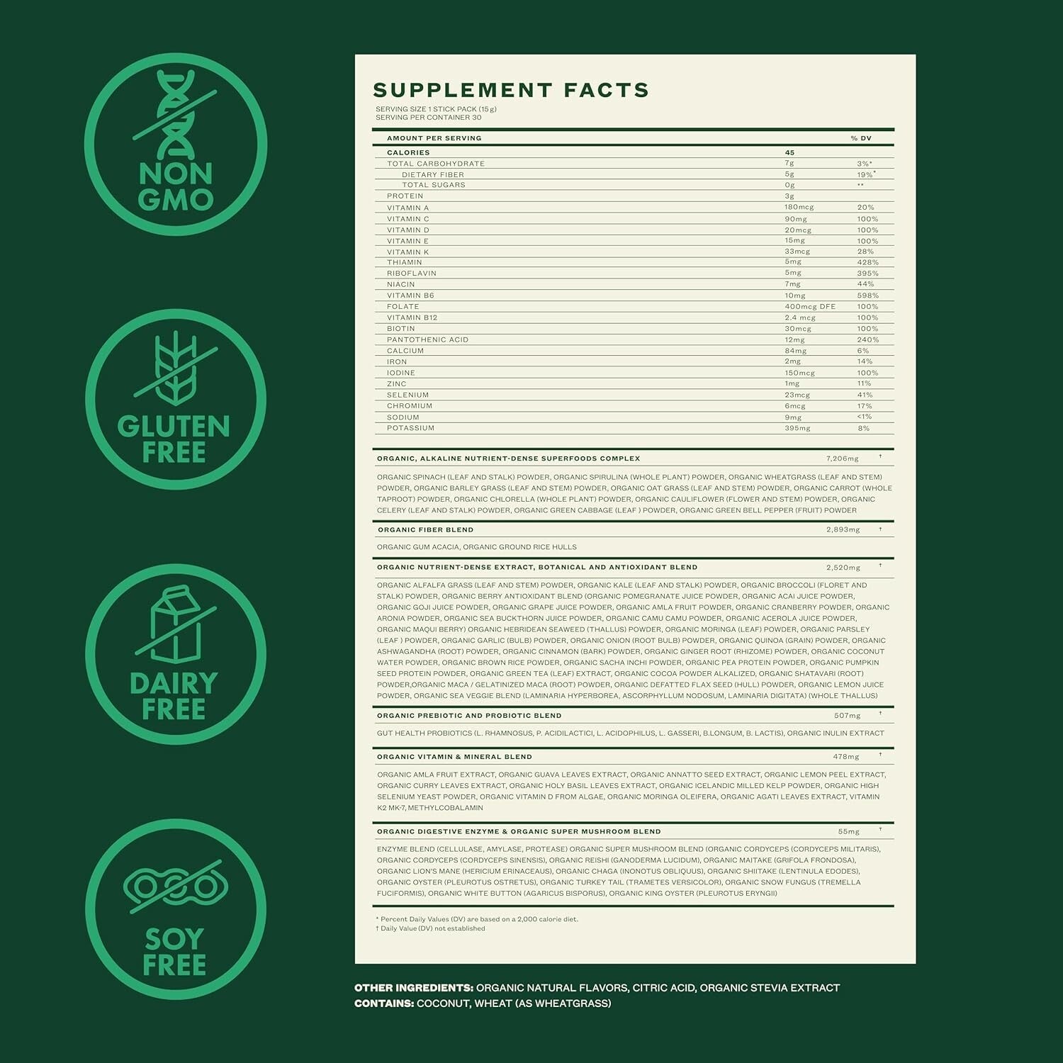 Zena Organic Super Greens Powder - 90+ Vitamins & Fiber, Watermelon Citrus Flav