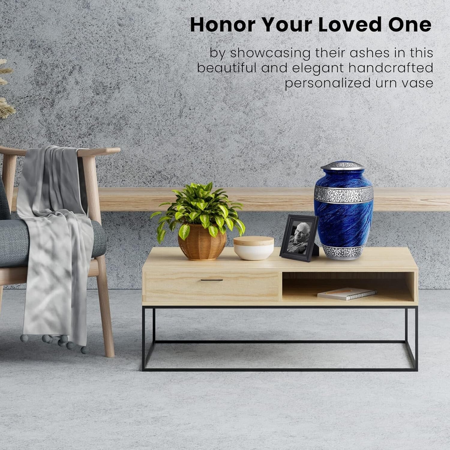 Large Blue Personalized Cremation Urn for Adult Ashes - Handcrafted Metal Design