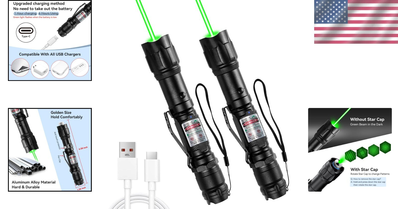 Rechargeable Green Light Flashlight Set - Perfect for Presentations & Adventures