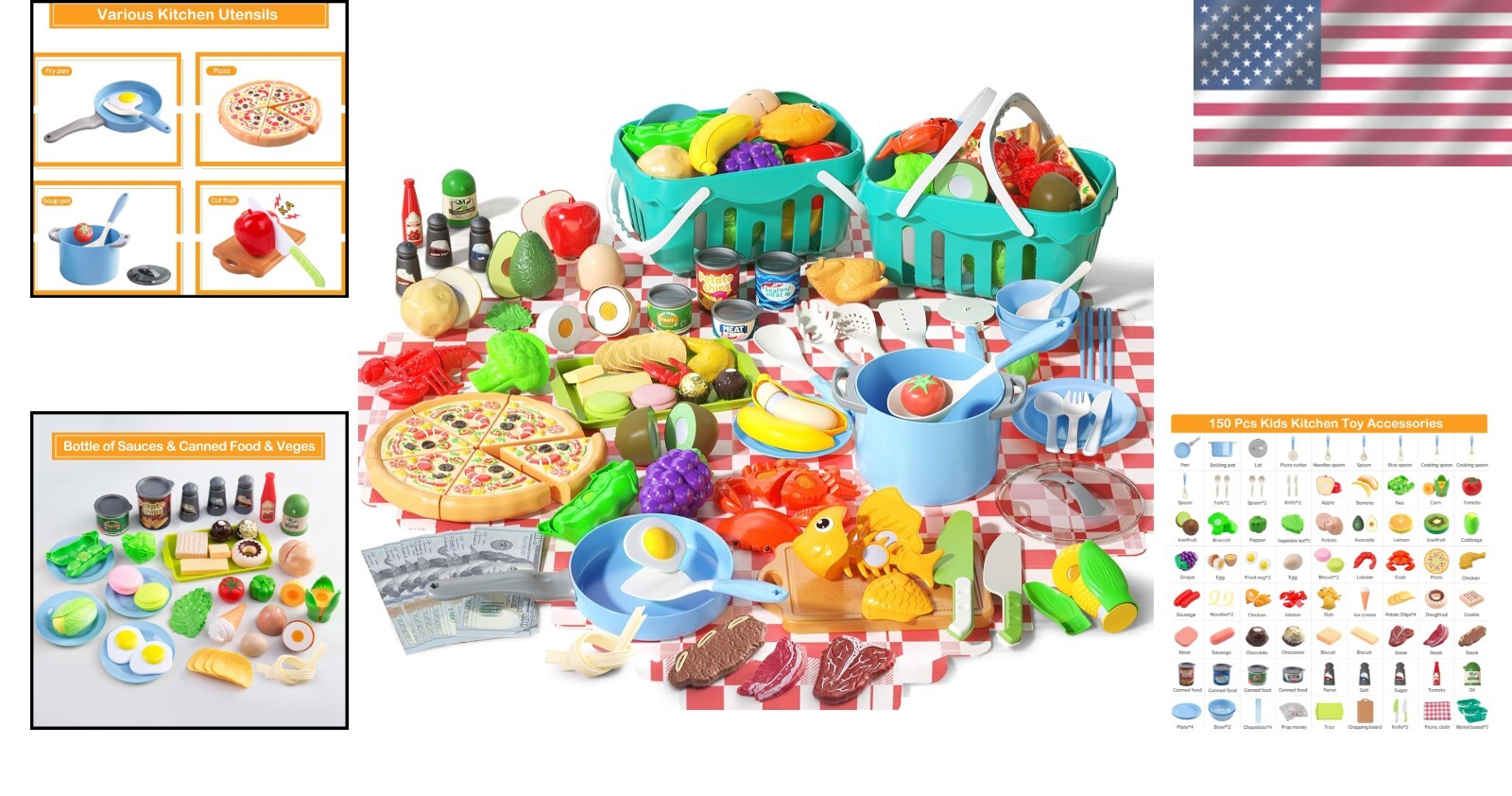 Deluxe 150-Pc Kitchen Play Kit - Toddler Cooking Set with Accessories & Baskets